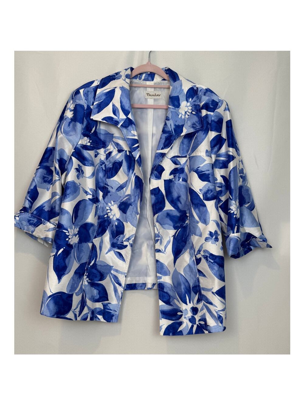 Tanjay Blue White Watercolor Floral Open Blazer Jacket Size 2X 3X Plus